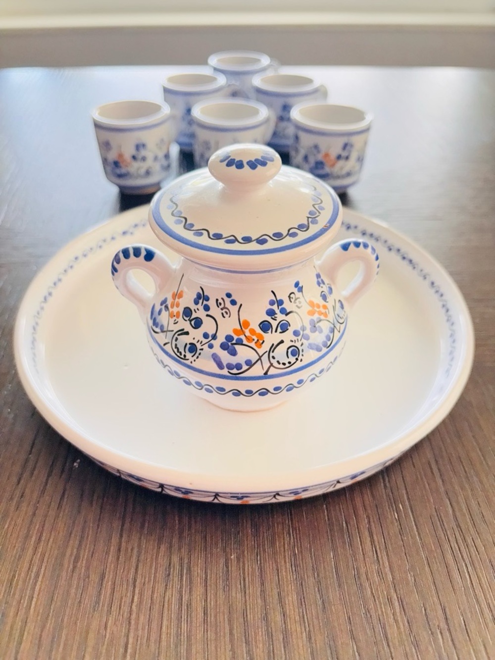 Blue White Demitasse Espresso Set Tray Cups Sugar Bowl European Style - Picture 4 of 9